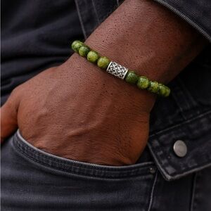 Hand Crafted Green Jasper Beaded Stretch Bracelet with Silver Accent Unisex